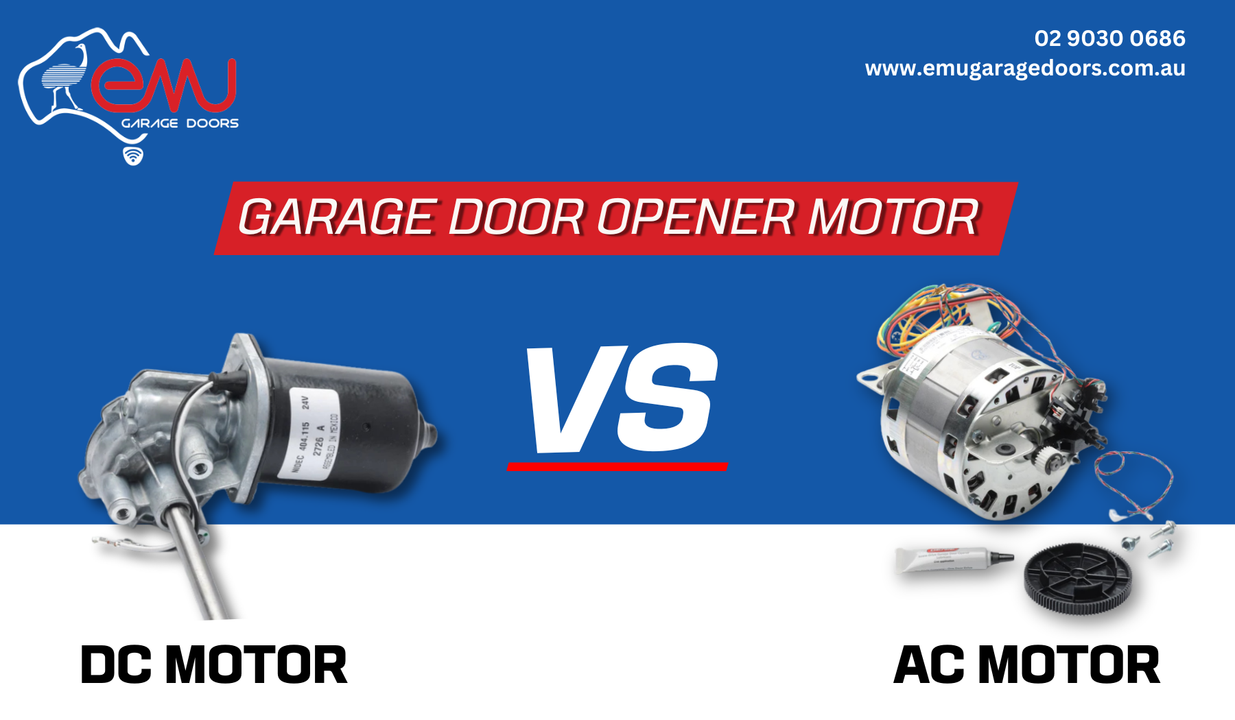 Comparison between DC motor and AC motor for garage door openers, showing images of each motor with the Emu Garage Doors logo and contact information